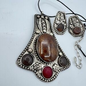 Necklace, Large Pendant With Stones, A Silver Antique Tone W/Matching Earrings